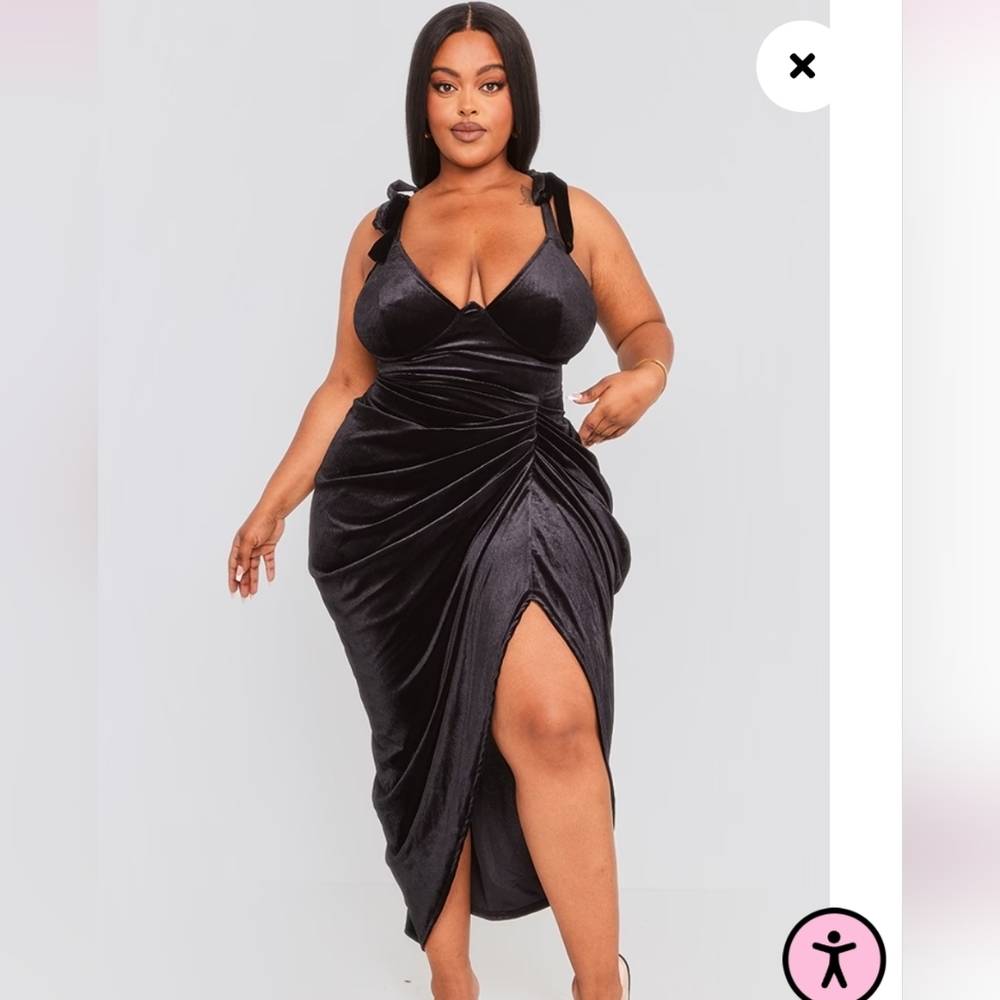 Plus Black Velvet Underwire Detail Draped Midi Dress, UK16, US12